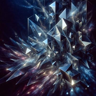 The primary subject of the image is a large, intricate, and colorful crystal structure. The setting is a dark, starry background, which adds to the overall atmosphere of the image. The visual style is a combination of digital art and illustration, creating a unique and captivating scene. The colors and mood of the image are predominantly blue and purple, giving it a serene and otherworldly appearance.
